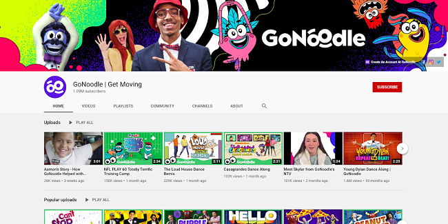 Screenshot of GoNoodle YouTube channel