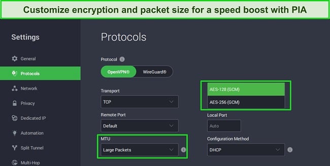 Screenshot of PIA's Windows app showing the customizable protocol settings.