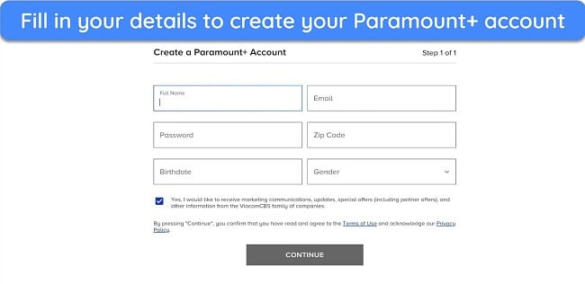 Paramount+ website showing the Create a Paramount+ Account page.