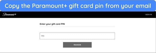 Paramount+ website showing the gift card redeem page.