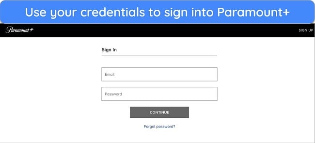 Paramount+ website showing the sign-in page.