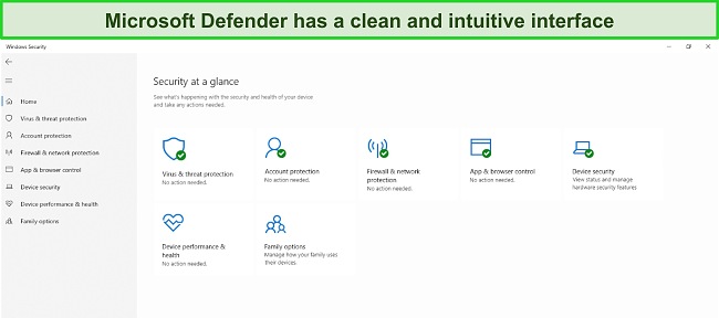 Screenshot of Microsoft Defender's main menu