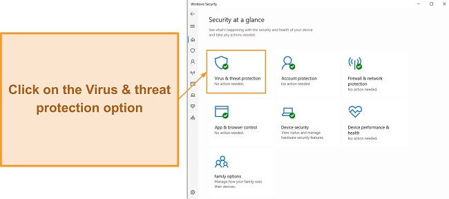 Screenshot showing how to open Microsoft Defender's Virus & threat protection menu
