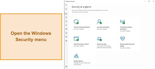 Screenshot of the Windows Security main menu