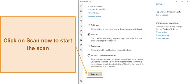 Screenshot showing how to start a scan with Microsoft Defender