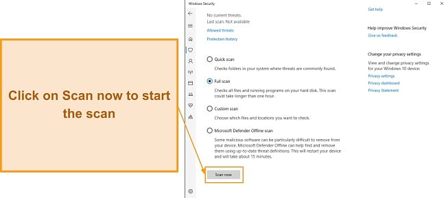 Screenshot depicting the initiation of a scan in Microsoft Defender, evaluating its adequacy in system protection.