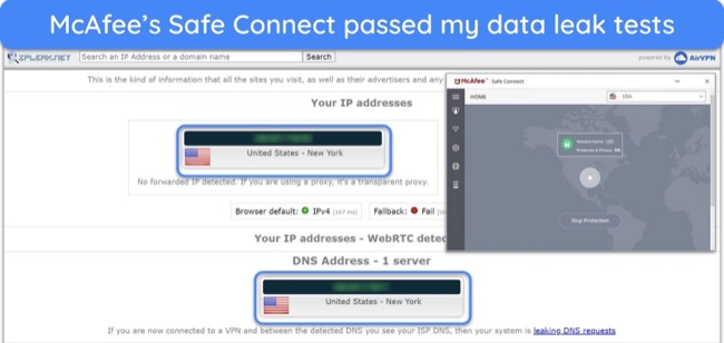 Screenshot of McAfee passing data leak tests and hiding IP address