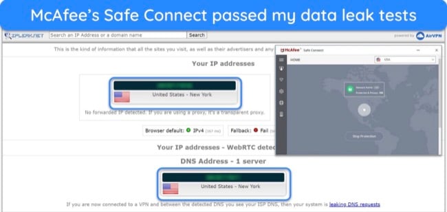 Screenshot of McAfee passing data leak tests and hiding IP address