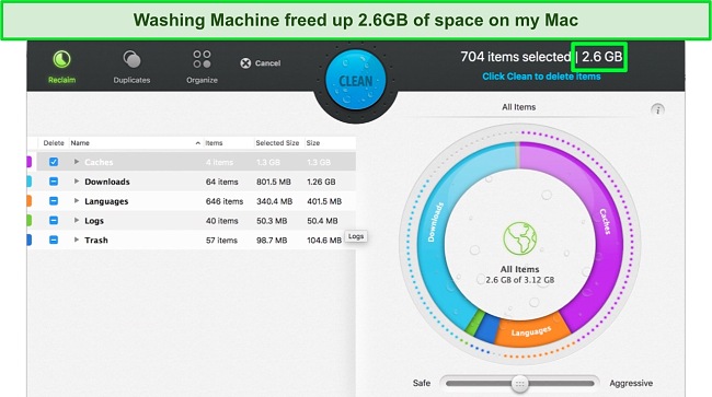 Screenshot of Intego's Washing Machine clearing up disk space