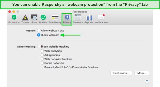 Screenshot of how to turn on Kaspersky's webcam protection