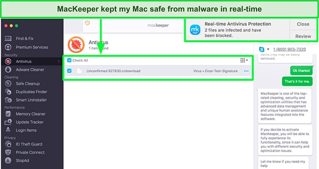 Screenshot of MacKeeper identifying malware in real-time