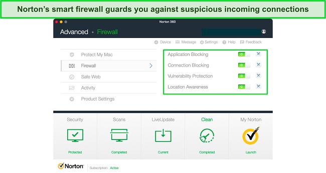Screenshot of Norton's smart firewall dashboard