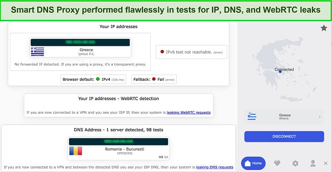 Screenshot of leak test results while using Smart DNS Proxy