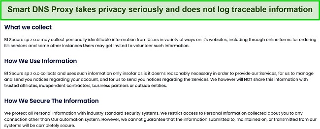 Screenshot of Smart DNS Proxy’s Privacy Policy