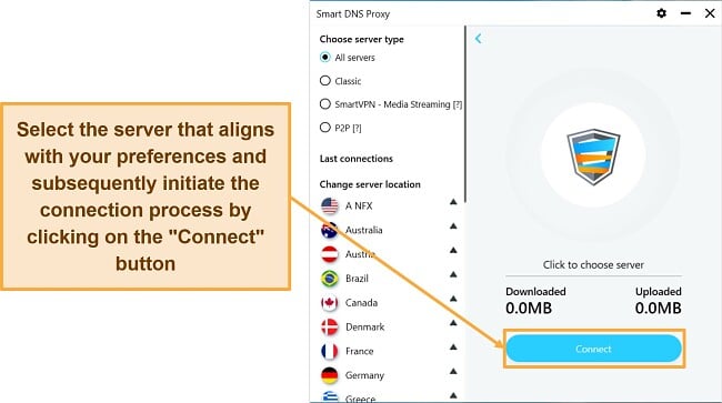 Screenshot showing Smart DNS Proxy's server and connection interface