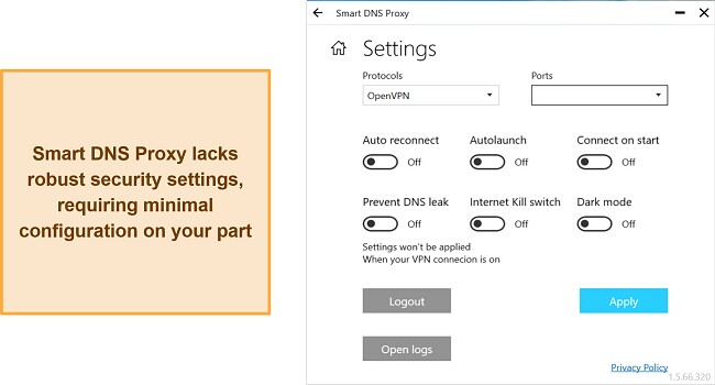 Screenshot showing Smart DNS Proxy's settings interface