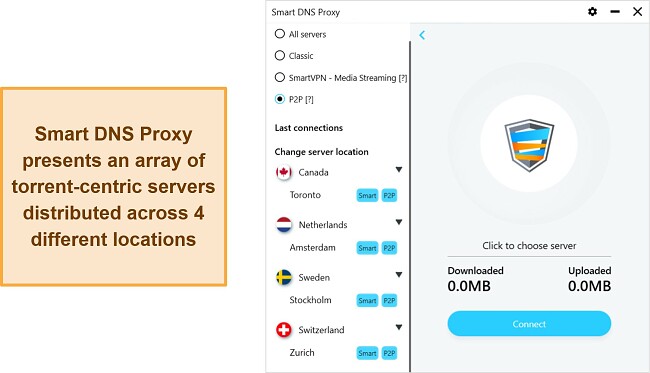 Screenshot of Smart DNS Proxy’s torrent optimized servers