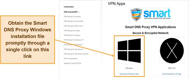 Screenshot showing Smart DNS Proxy's windows client download page