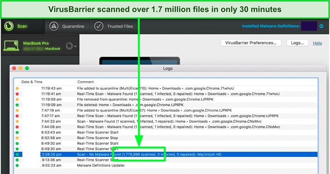 Screenshot of Intego's VirusBarrier performing a virus scan on Mac