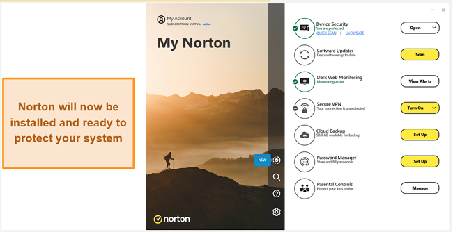 Screenshot of Norton's interface after a fresh installation
