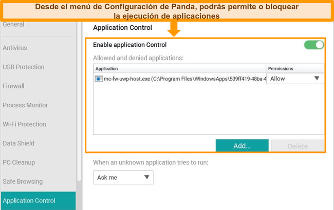 Captura de pantalla del menú de configuración de Application Control de Panda.