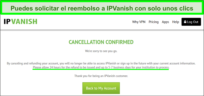 Captura de pantalla de un usuario que solicita con éxito un reembolso de IPVanish a través del chat en vivo con la garantía de devolución de dinero de 30 días