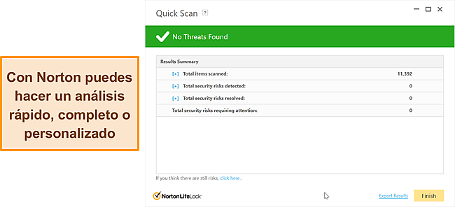 Opciones de escaneo anti-malware de Norton.