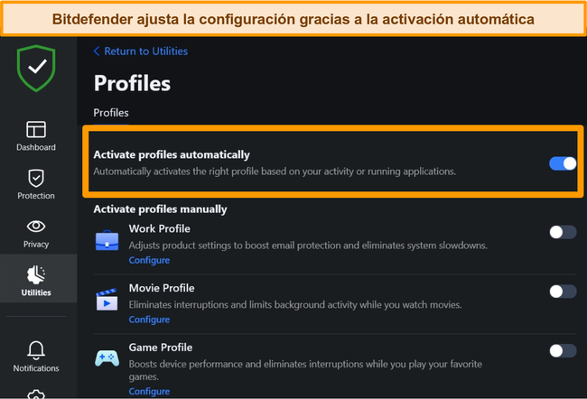 Captura de pantalla de la configuración de Perfiles de Bitdefender con la activación automática resaltada.