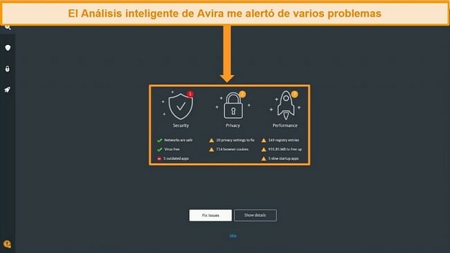 Captura de pantalla de la página de resultados de Avira Antivirus Smart Scan.