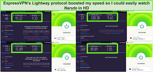 Screenshot of speed tests on 4 ExpressVPN servers