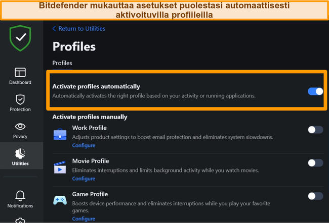 Näyttökuva Bitdefenderin Profiles-asetuksesta korostettuna automaattisella aktivoinnilla.