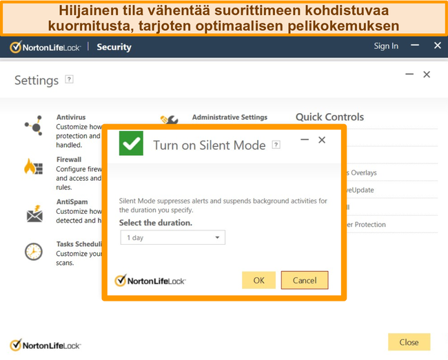 Näyttökuva Nortonin hiljaisesta tilasta.