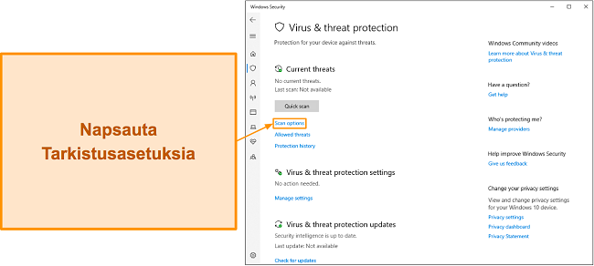 Näyttökaappaus, joka näyttää kuinka pääset Microsoft Defenderin skannausvaihtoehtoihin