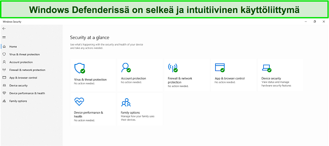 Kuvakaappaus Microsoft Defenderin päävalikosta