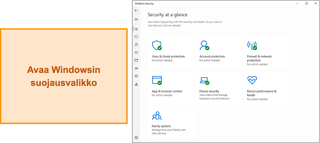 Kuvakaappaus Windowsin suojauksen päävalikosta