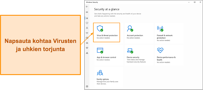 Näyttökaappaus, joka näyttää, kuinka Microsoft Defenderin virus- ja uhkien suojausvalikko avataan