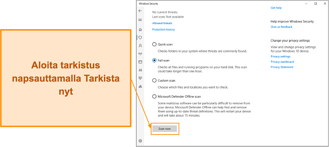 Näyttökaappaus, joka näyttää, miten skannaus aloitetaan Microsoft Defenderillä