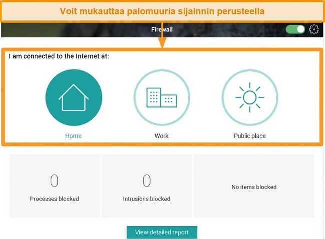 Näyttökuva Pandan palomuuriominaisuudesta, jossa on korostettu eri suojaustasot