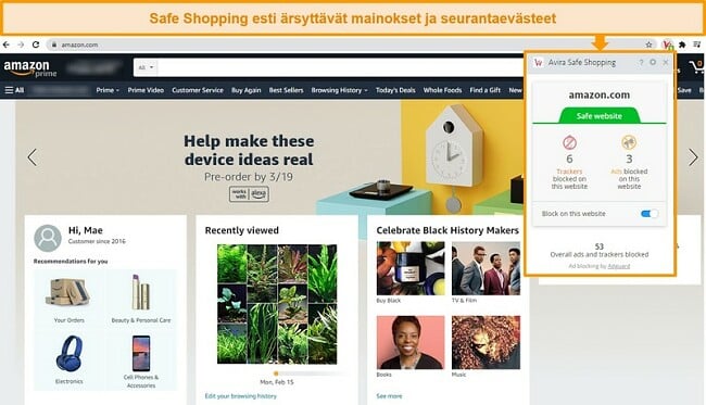 Näyttökuva Aviran Safe Shopping -selainlaajennuksesta Google Chromessa.