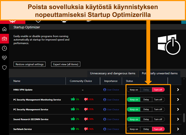 Näyttökaappaus sovellusten hallinnasta iolo-käynnistyksen optimoijalla