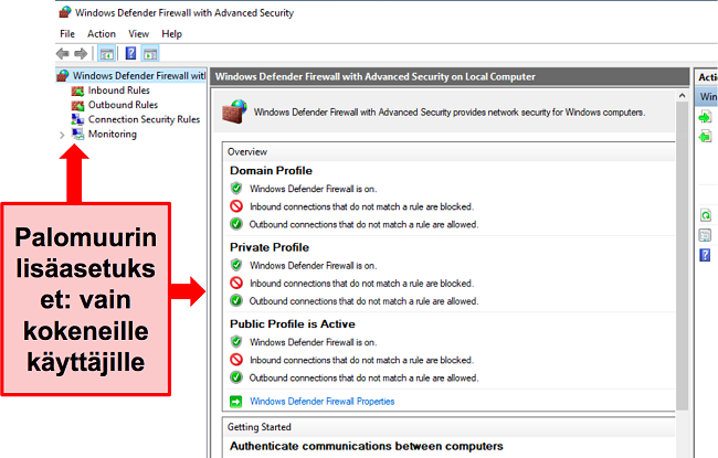 Captura de tela das configurações de segurança do firewall do Windows Defender
