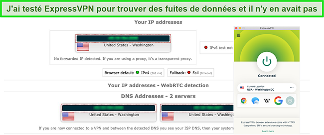 Capture d’écran d’ExpressVPN réussissant un test de fuite IP, WebRTC et DNS lorsqu’il est connecté à un serveur aux États-Unis