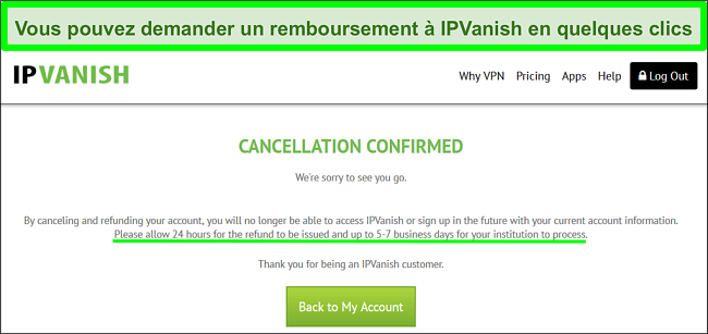 Capture d'écran d'un utilisateur demandant avec succès un remboursement à IPVanish via un chat en direct avec la garantie de remboursement de 30 jours