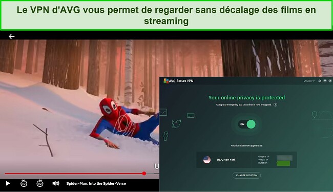 Capture d'écran du VPN AVG Secure diffusant Netflix