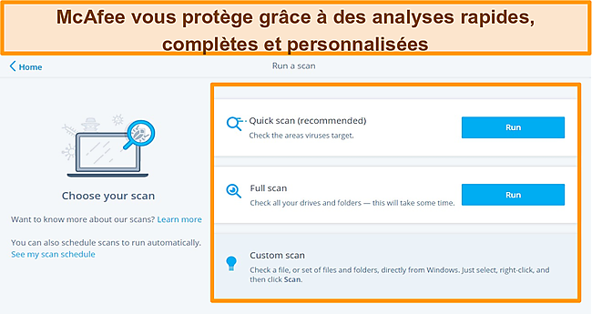 Capture d'écran de l'application antivirus McAfee avec des options d'analyse rapide, complète et personnalisée.