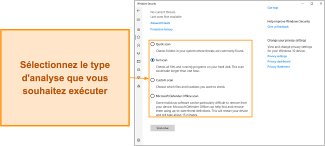 Capture d'écran des différents types d'analyse disponibles de Microsoft Defender