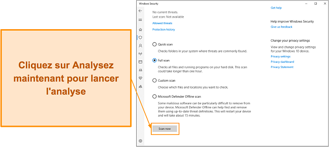 Capture d'écran montrant comment démarrer une analyse avec Microsoft Defender