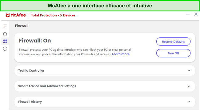 Capture d'écran de l'interface du pare-feu de McAfee