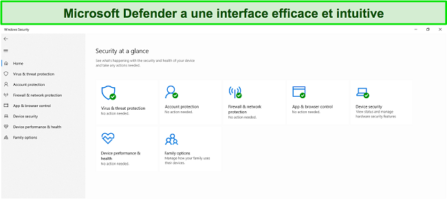 Capture d'écran du menu principal de Microsoft Defender