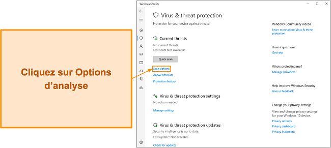 Capture d'écran montrant comment accéder aux options d'analyse de Microsoft Defender